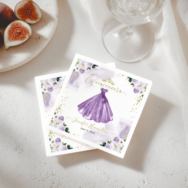 Lila Blommigt Quinceanera Napkins Pappersservett (Skapare uppladdad)