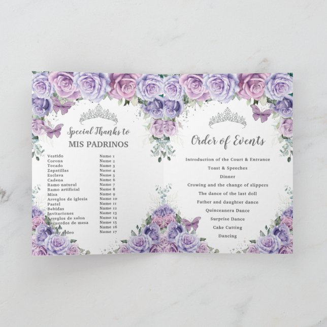 Lila Blommigt Quinceañera Order of Events Padrinos Program (Inuti)