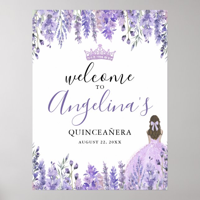 Lila Blommigt Quinceanera Välkomsttecken Poster (Framsidan)