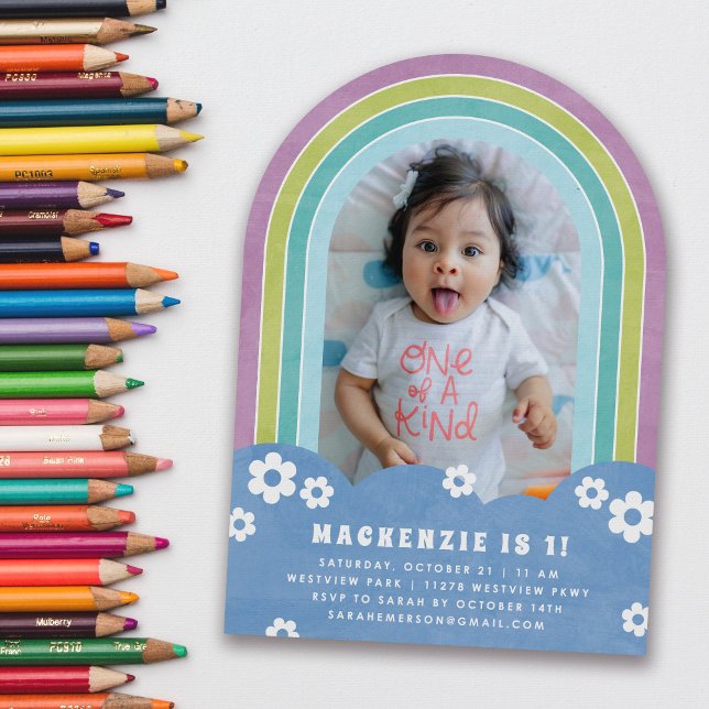 Lila Blommigt Rainbow Barn Birthday-inbjudan Inbjudningar (Skapare uppladdad)