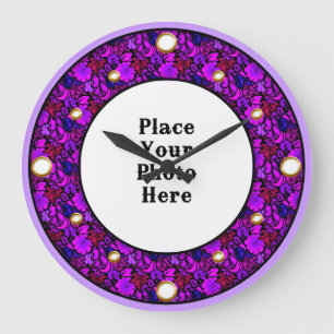 Lila Blommigt Ram Din fotopilåsning Stor Klocka