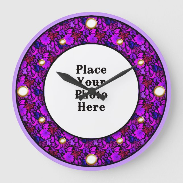 Lila Blommigt Ram Din fotopilåsning Stor Klocka (Framsida)