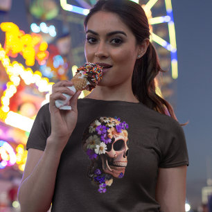 Lila Blommigt Realism Womens Day of the dead Skull T Shirt