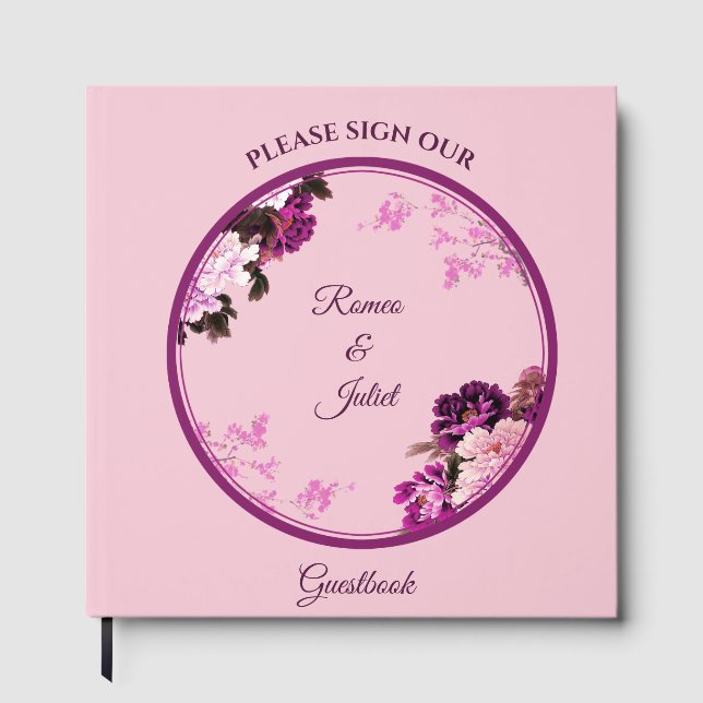 Lila Blommigt Ring Bröllop Guest Bok (Framsida)