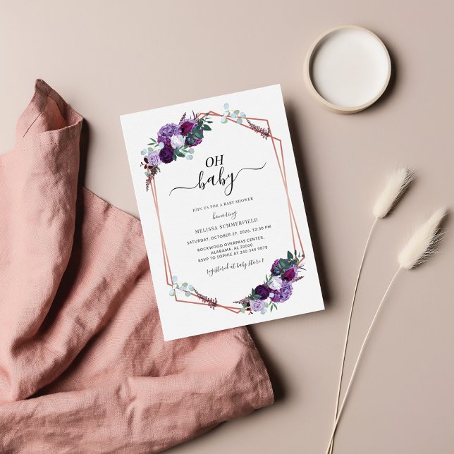 Lila Blommigt Ro Guld Geometric Baby Shower Anteckningskort (Skapare uppladdad)