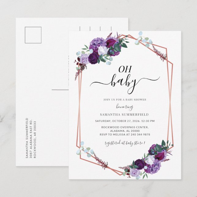 Lila Blommigt Ro Guld Geometric Baby Shower Inbjudan Vykort (Fram/baksida)