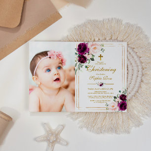 Lila & Blommigt Ro Photo Girl Christening Inbjudningar