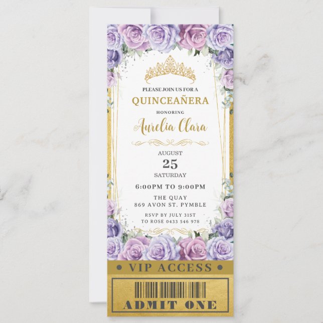 Lila Blommigt Ro Quinceañera Sweet 16 VIP Biljett Inbjudningar (Framsida)