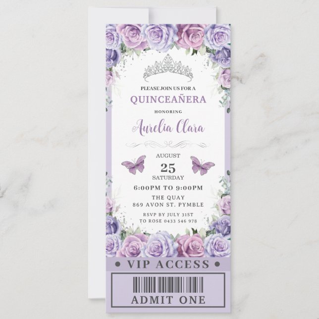 Lila Blommigt Ro Quinceañera Sweet 16 VIP Biljett Inbjudningar (Framsida)