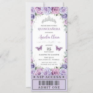 Lila Blommigt Ro Quinceañera Sweet 16 VIP Biljett Inbjudningar