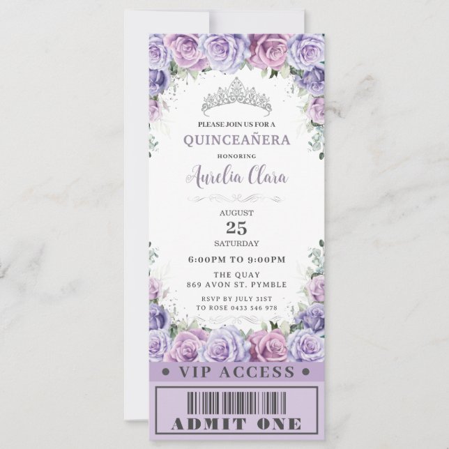 Lila Blommigt Ro Quinceañera Sweet 16 VIP Biljett Inbjudningar (Framsida)
