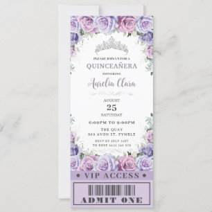 Lila Blommigt Ro Quinceañera Sweet 16 VIP Biljett Inbjudningar