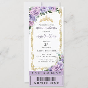 Lila Blommigt Ro Quinceañera Sweet 16 VIP Biljett Inbjudningar