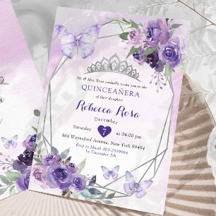 Lila Blommigt Royal Krona Butterfly Quinceañera Inbjudningar