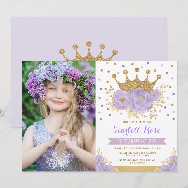 Lila Blommigt Royal Krona Princess Födelsedagsfest Inbjudningar (Fram/baksida)