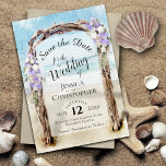 Lila Blommigt Rustic Driftwood Beach Arbor Bröllop Spara Datumet<br><div class="desc">Det här vackra besparingskortet är perfekt för ett målbröllop. Den har en typografisk design med lacy script calligraphy inuti en vattenfärgsstrand med lavender lila och vita blommor. Det finns utrymme för namn,  datum och bröllop.</div>