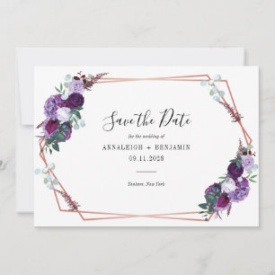 Lila Blommigt Script Geometric Modern Bröllop Spara Datumet