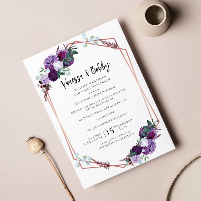 Lila Blommigt Script Modern Bröllop Inbjudningar (Purple Floral Geometric Wedding Invitation)