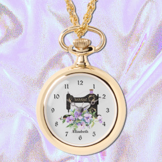 Lila Blommigt Sewing Maskin Necklace Watch Armbandsur