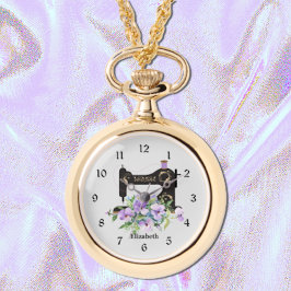 Lila Blommigt Sewing Maskin Necklace Watch Armbandsur