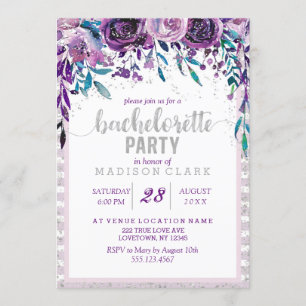 Lila Blommigt Silver Bachelorette-partiets inbjuda Inbjudningar
