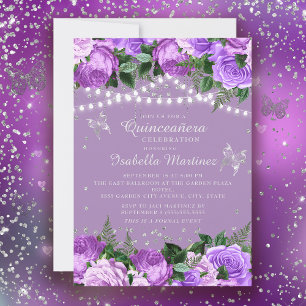 Lila Blommigt Silver Butterflies Quinceañera Inbjudningar
