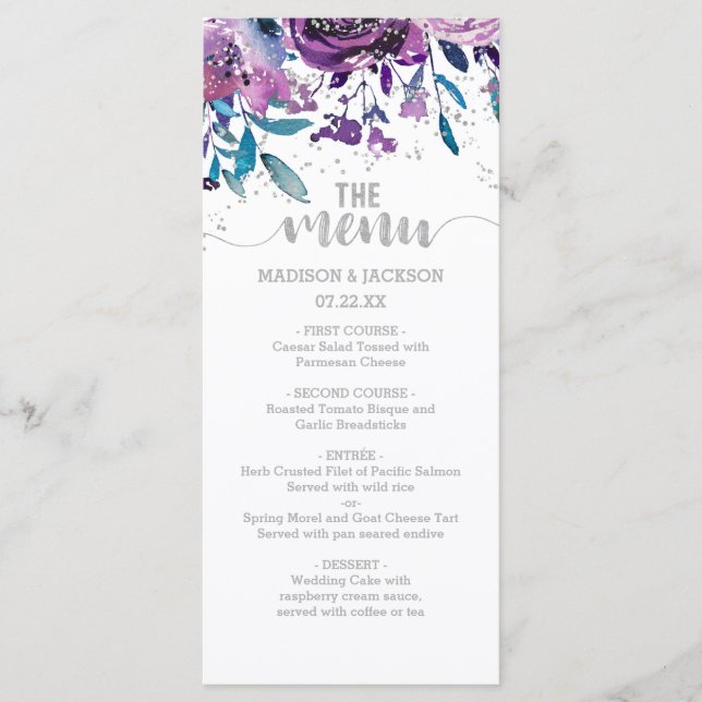 Lila Blommigt & Silver Confetti Bröllop Menu Meny (Framsida)