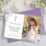 Lila Blommigt Silver Första Heligan Communion Foto Tack Kort<br><div class="desc">Lila Blommigt Silver Första Heliga-kommunens foto-tackkort</div>