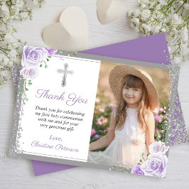 Lila Blommigt Silver Första Heligan Communion Foto Tack Kort
