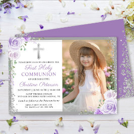 Lila Blommigt Silver Girl 1:a Heligan Communion Ph Inbjudningar