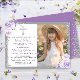 Lila Blommigt Silver Girl 1:a Heligan Communion Ph Inbjudningar