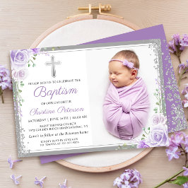Lila Blommigt Silver Glitter Flickfoto med  Inbjudningar