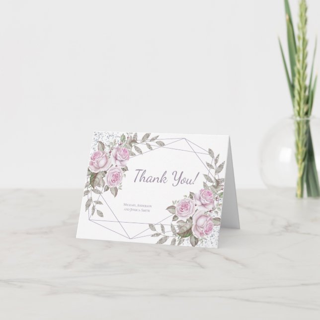 Lila Blommigt Silver Glitter Tack Kort (Framsida)