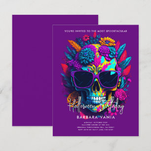 Lila Blommigt Skull Halloween-Födelsedagsfest Inbjudningar