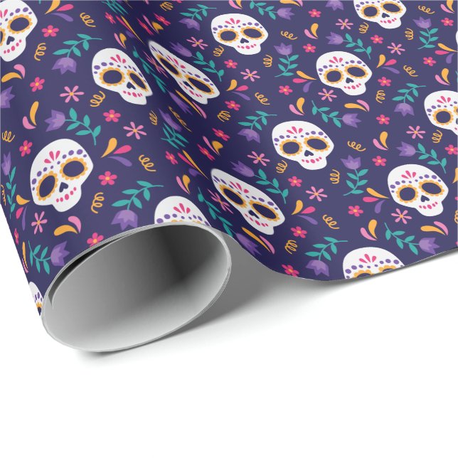 Lila Blommigt Sugar Skull Mönster Presentpapper (Rullad Hörn)