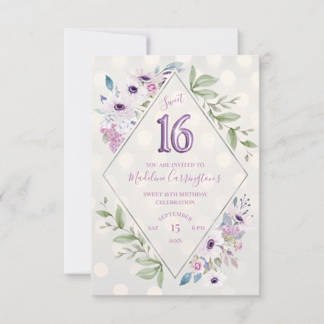 Lila Blommigt Sweet 16 Birthday Inbjudningar (Framsida)