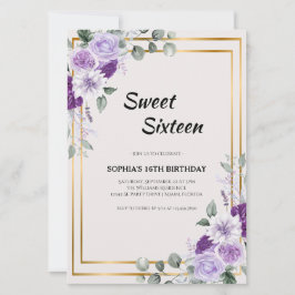 Lila Blommigt Sweet sixteen med Guld Ram Inbjudningar