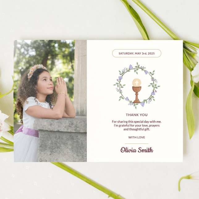Lila blommigt, tack med foto inbjudningar (Printed First Communion reminder with custom name and date)