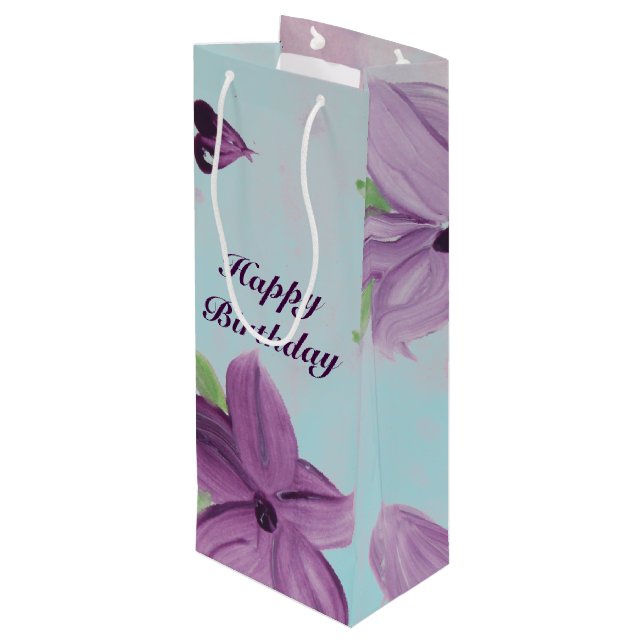Lila Blommigt Tall Vin Gift-Bag med blå  (Baksidan Vinklad)