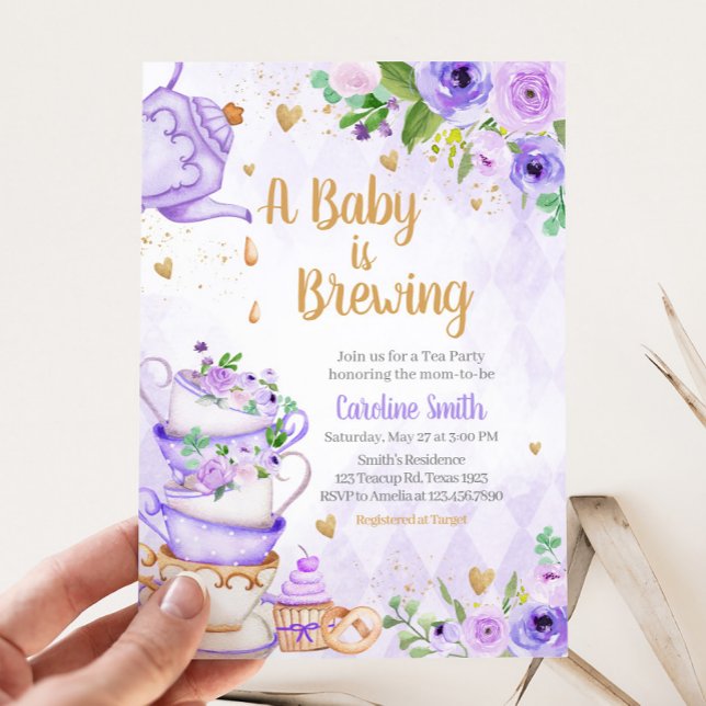 Lila Blommigt Tea Party Baby Shower Inbjudningar (Tea Party Baby Shower Invitation
)