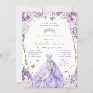 Lila Blommigt Tiara & Dress Quinceañera Inbjudningar