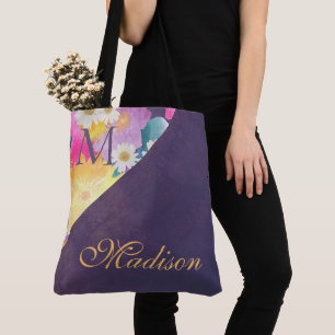 Lila Blommigt Trendig Girly Initial Namn Monogram Tygkasse