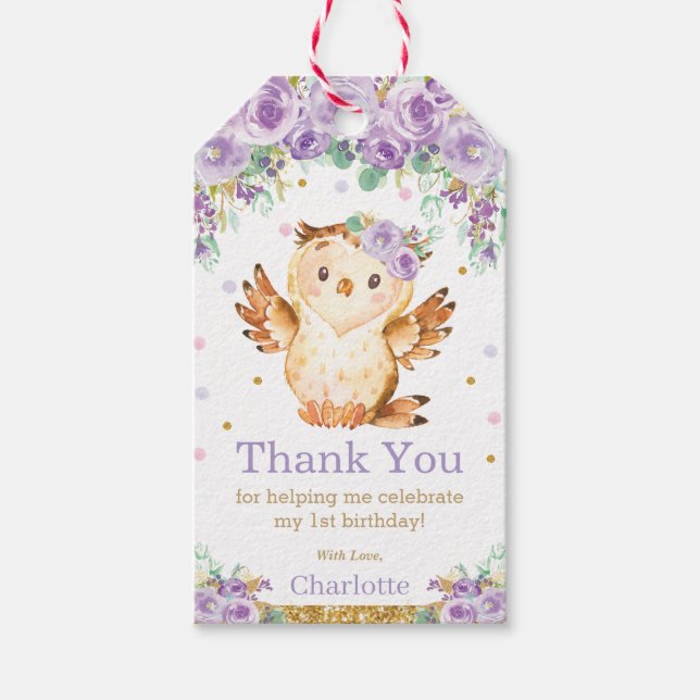 Lila Blommigt Uggla 1:a födelsedag Party Tack Presentetikett (Framsidan)