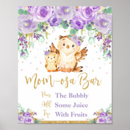 Lila Blommigt Uggla Baby Shower Momosa Pub Sign Poster