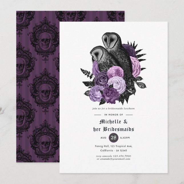 Lila Blommigt Uggla Gothic Bridesmaids Luncheon Inbjudningar (Fram/baksida)