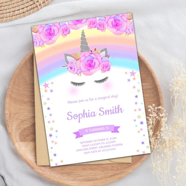 Lila Blommigt Unicorn Birthday-inbjudningar Inbjudningar (Purple Floral Unicorn Birthday Invitations)