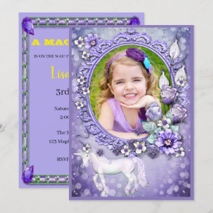 Lila Blommigt Unicorn Photo Födelsedagsfest Inbjudningar