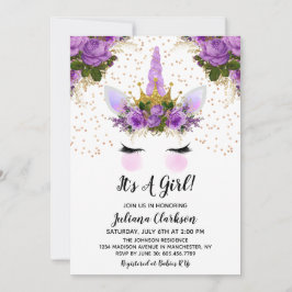 Lila Blommigt Unicorn Princess Baby Shower Inbjudningar