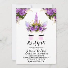 Lila Blommigt Unicorn Princess Baby Shower Inbjudningar