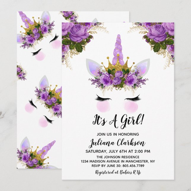 Lila Blommigt Unicorn Princess Baby Shower Inbjudningar (Fram/baksida)